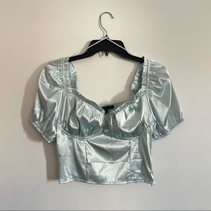 Haute Monde Milkmaid Blue Green Satin Top